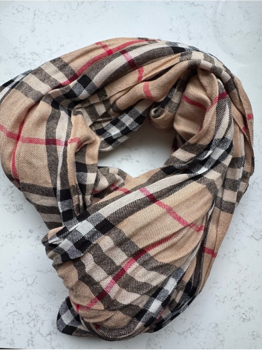 Burberry Beige Plaid Wool-Blend Scarf with Black and Red Trim